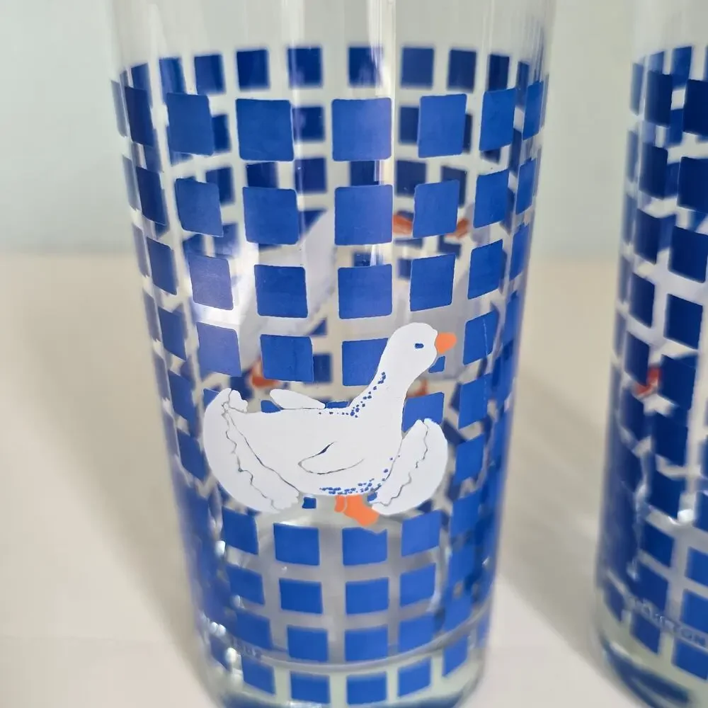Vintage 80s Carlton White Geese Drinking Glassed Country Blue Checker Farmhouse